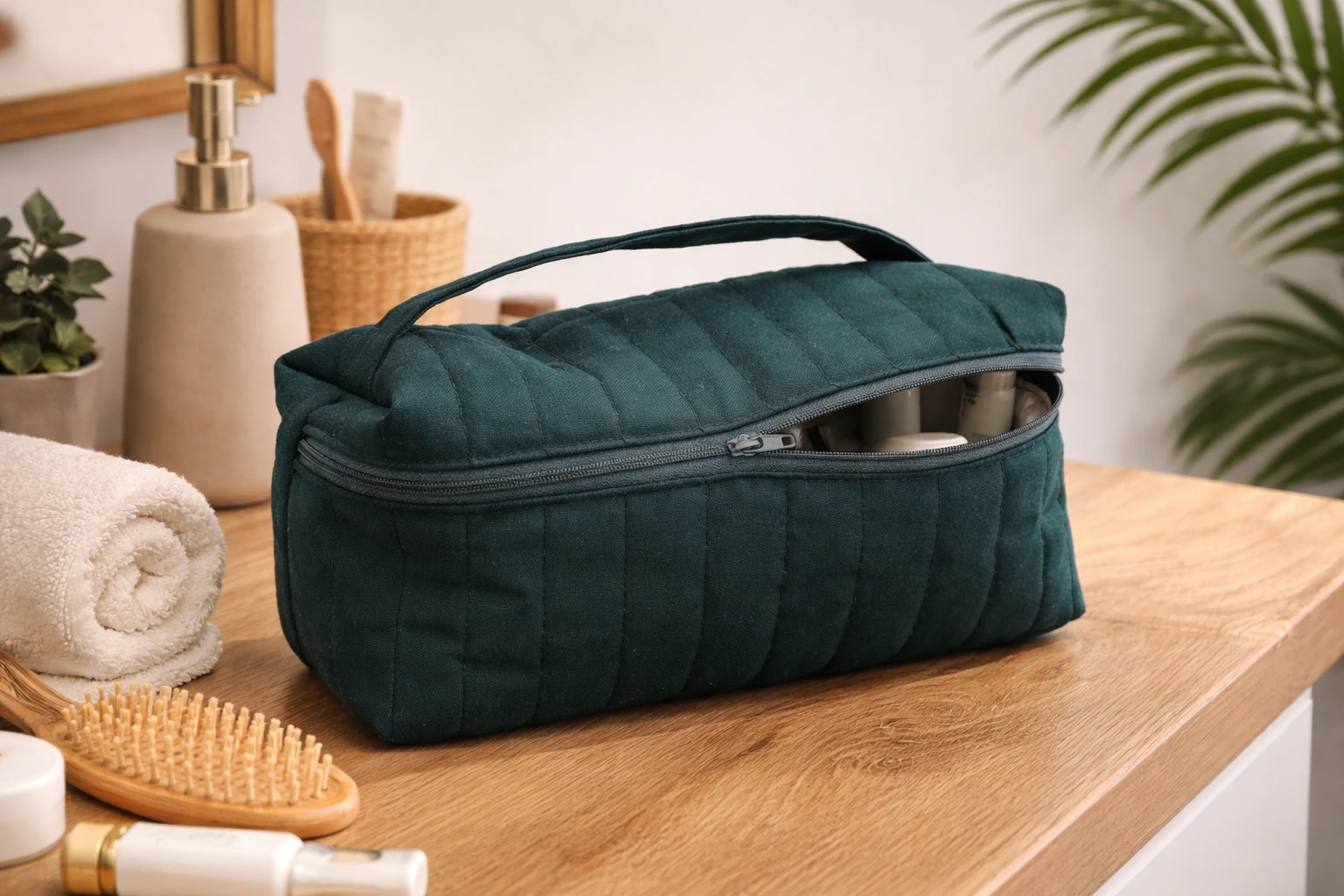 Trousse de toilette matelassée verte Liséa faite main