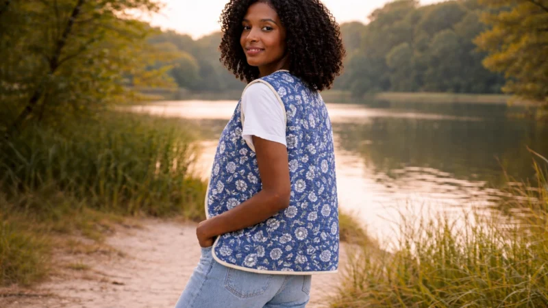 veste matelassee bleue florale sans manches lisea