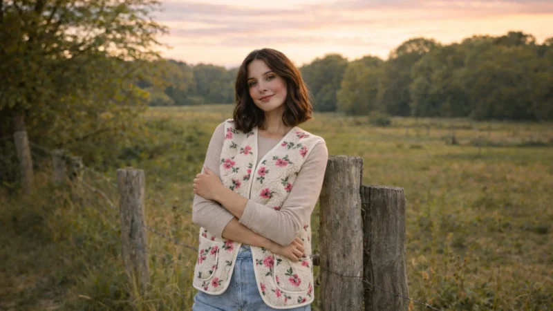 Femme portant une veste matelassée florale sans manches Liséa dans un paysage naturel