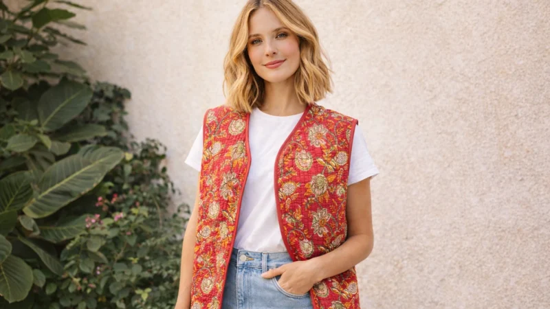 veste matelassee rouge florale sans manches lisea